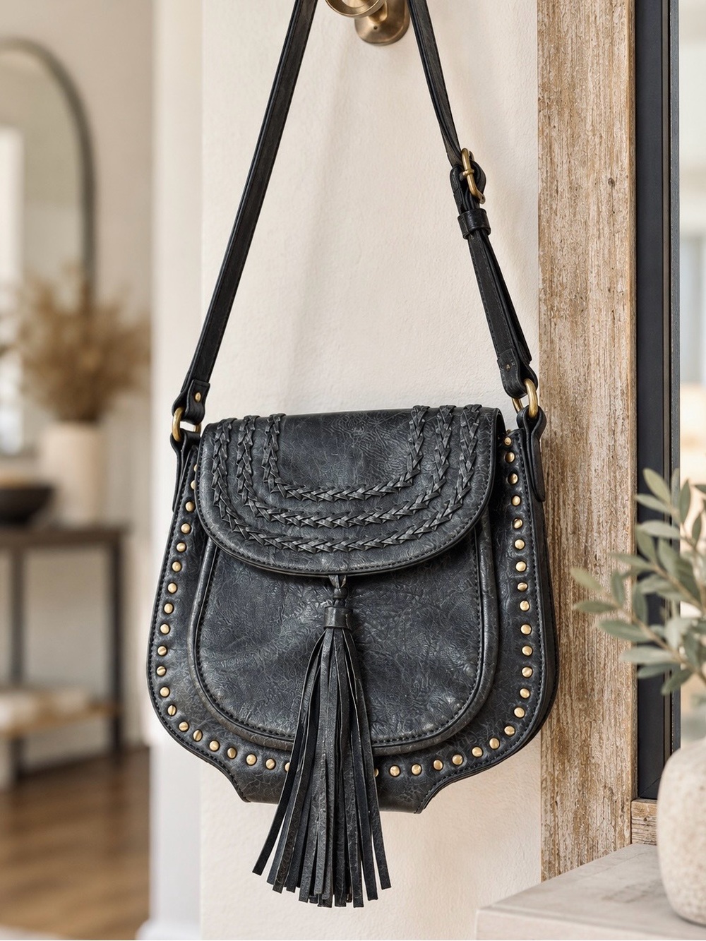 Black Leather Saddle Bag Crossbody Distressed Gray Studded Edges Tassel